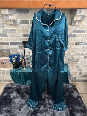 Teal Satin Pajama Set with White Piping